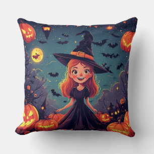 Young Witch Among Glowing Pumpkins Cushion