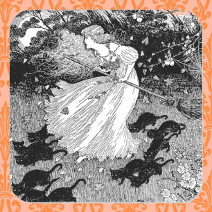 Young witch and black cats square sticker