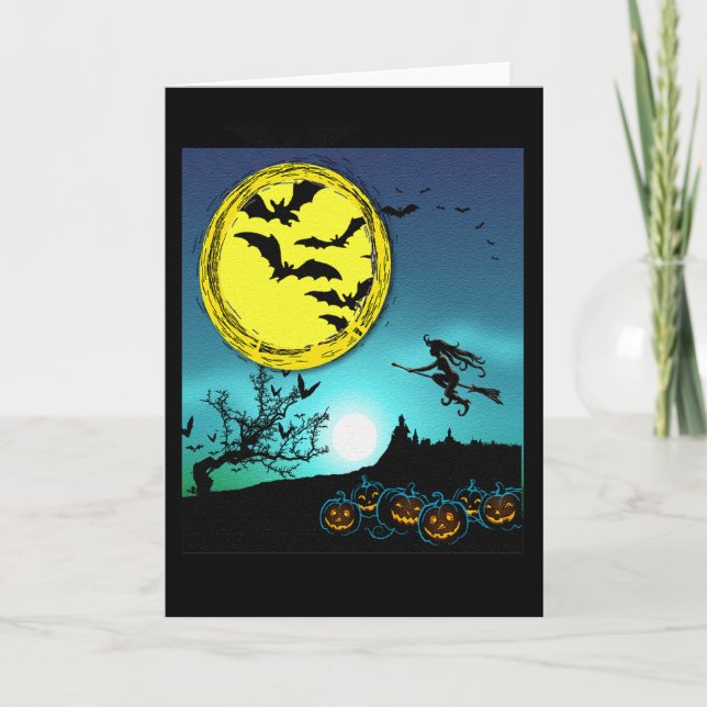 Young Witch Flying Amongst the Night Sky Card (Front)