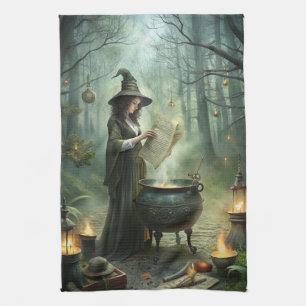 Young Witch in Mystical Forest Ritual Tea Towel