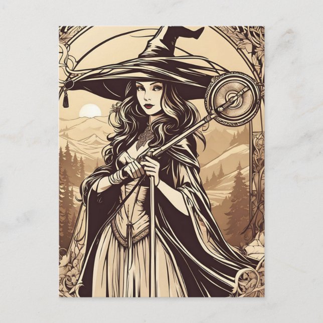 Young Witch in Sepia, Vintage Halloween Postcard (Front)