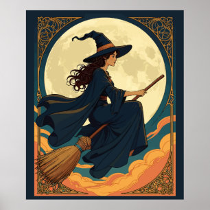Young Witch Sat Astride A Besom Art Nouveau Style  Poster