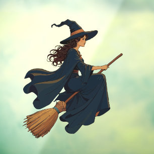 Young Witch Sat Astride A Besom Vector Art Window Cling