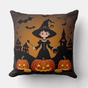 Young Witch with Pumpkins and Haunted Houses Cushion