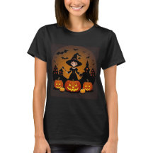 Young Witch with Pumpkins and Haunted Houses