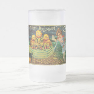 Young Witch's Brew: Pumpkin Men on Magick Altar Frosted Glass Beer Mug