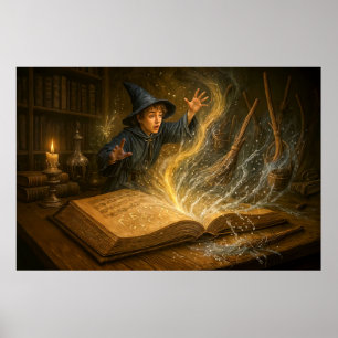 Young wizard with book fantasy illustration poster