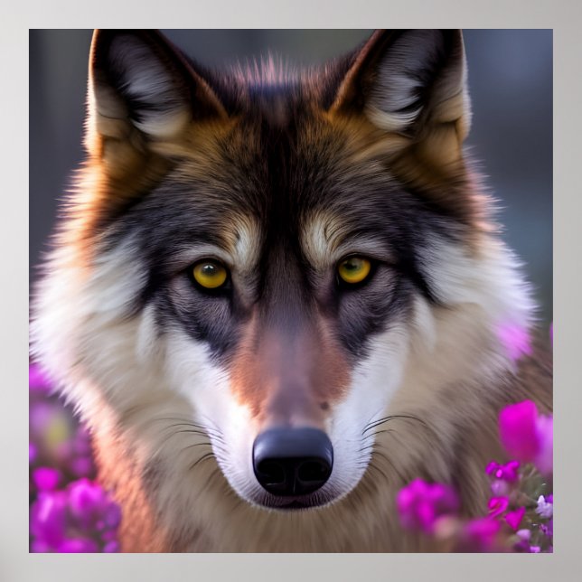 Young wolf in fuchsia pink flowers poster (Front)