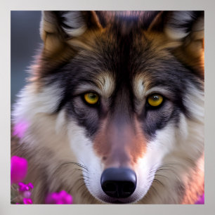 Young wolf in fuchsia pink flowers poster