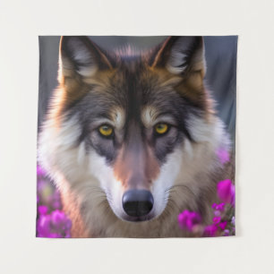 Young wolf in fuchsia pink flowers tapestry