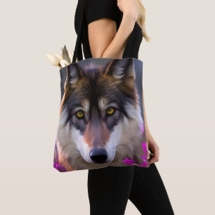 Young wolf in fuchsia pink flowers tote bag