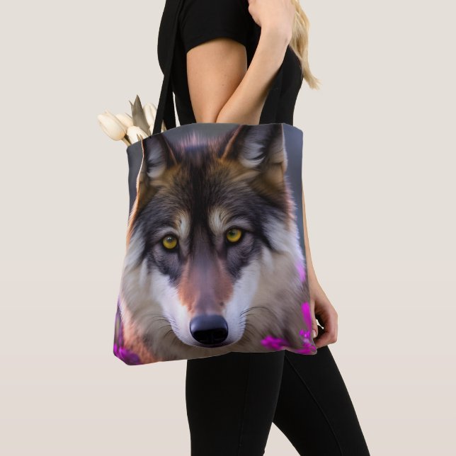 Young wolf in fuchsia pink flowers tote bag (Close Up)