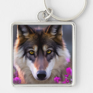 Young wolf in pink flowers key ring