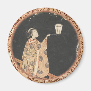 Young Woman Admiring Plum Blossoms at Night art Magnet