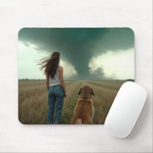 Young Woman and Dog Watching a Tornado Mouse Mat