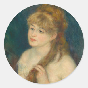 Young Woman Braiding Her Hair by Renoir Classic Round Sticker