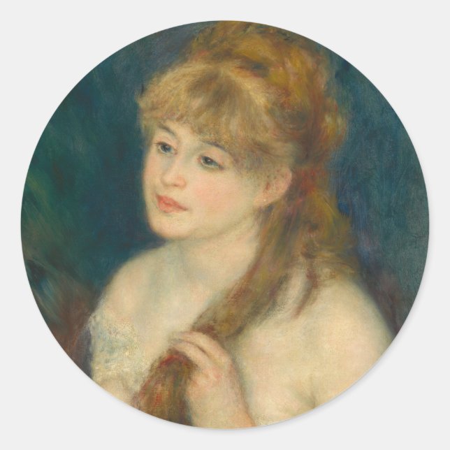 Young Woman Braiding Her Hair by Renoir Classic Round Sticker (Front)