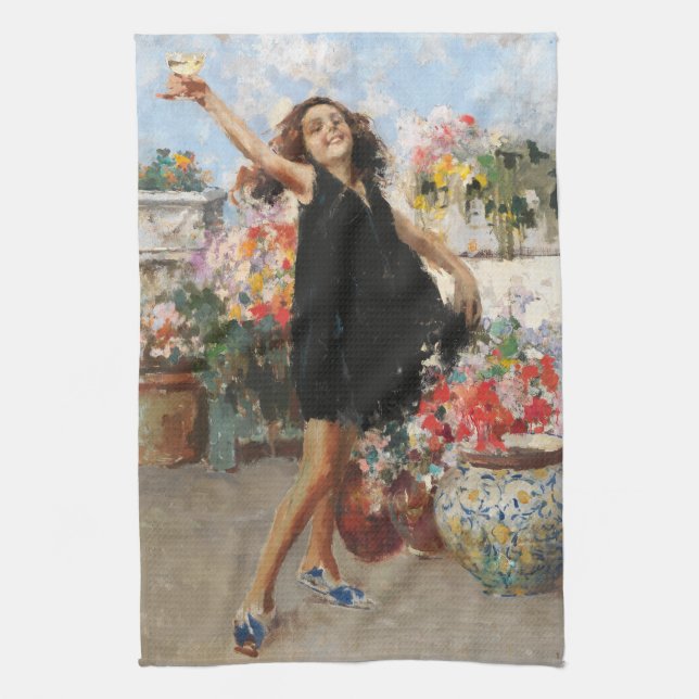 Young Woman Celebrating Victory (Vincenzo Irolli) Tea Towel (Vertical)