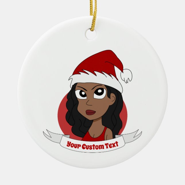 Young woman Christmas cartoon Ceramic Tree Decoration (Front)