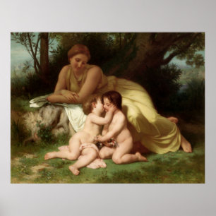 Young Woman Contemplating Two Embracing Children Poster