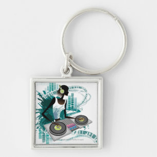 Young woman Dj Using Turntable in Nightclub Key Ring