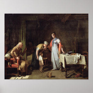 Young Woman Helping an Unfortunate Family Poster