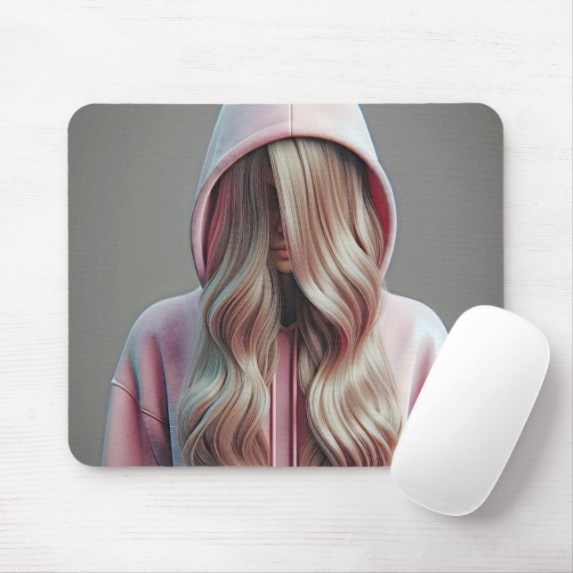 Young Woman Hiding Behind Long Blonde Hair Mouse Mat (With Mouse)