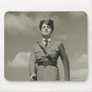 Young woman in military marching on rooftop mouse mat