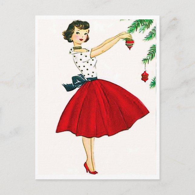Young woman in red dress decorating Christmas tree Postcard (Front)