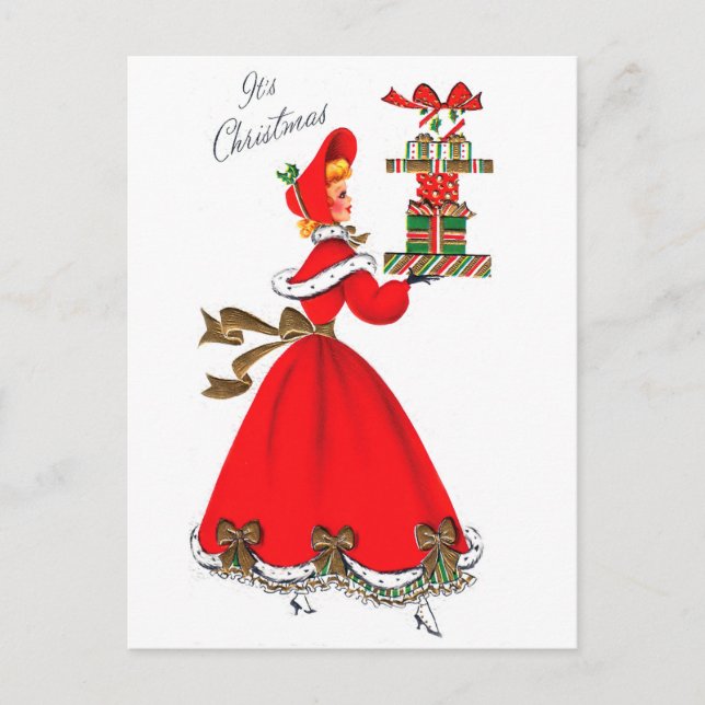 Young woman in red dress with Christmas gifts Postcard (Front)