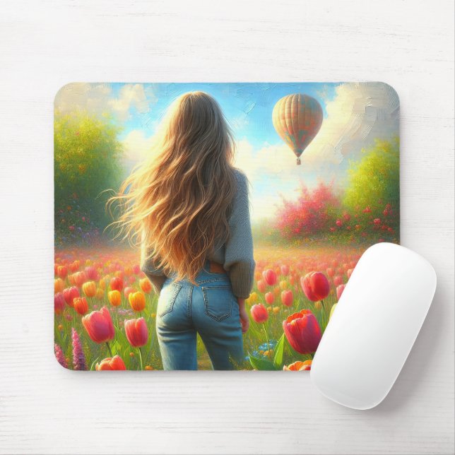 Young Woman In Tulip Field Mouse Mat (With Mouse)