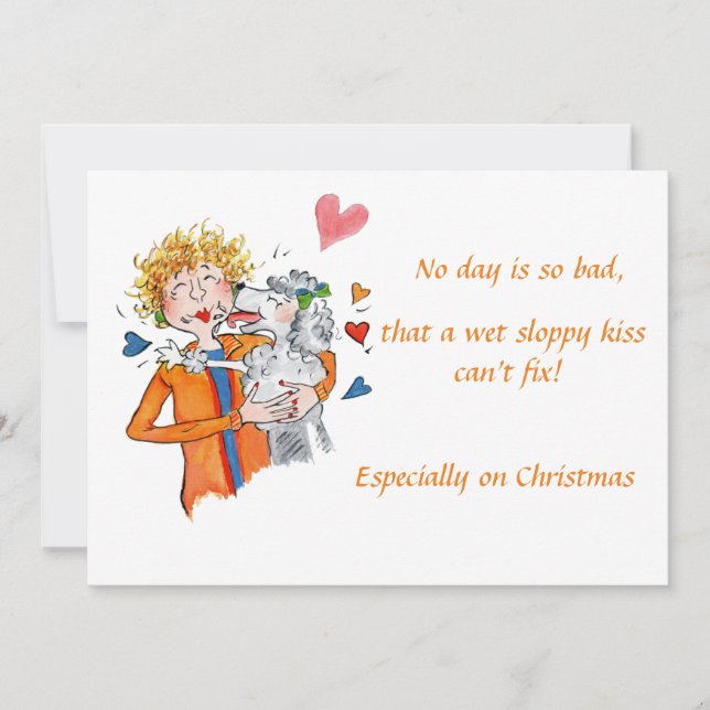 young woman is comforted by her poodle text  holid holiday card (Front)