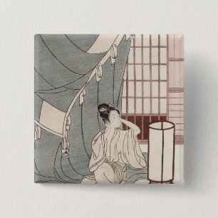 Young woman kneeling by her mosquito net, 1766 15 cm square badge