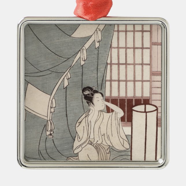 Young woman kneeling by her mosquito net, 1766 metal tree decoration (Front)