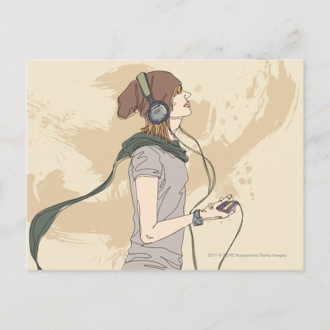 Young woman listening music postcard (Front)