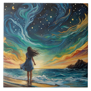 Young woman looks to the stars in the sea tile