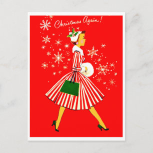 Young woman on a Christmas again, vintage holiday Postcard