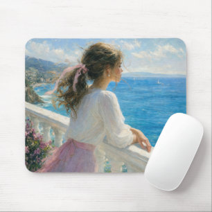 Young Woman on an Ocean Balcony Impressionism Mouse Mat