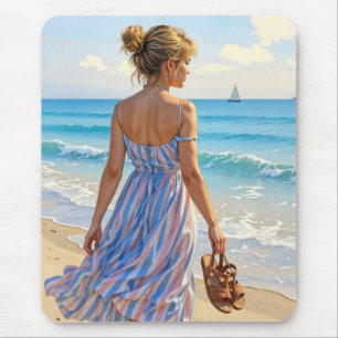 Young Woman On the Beach Mouse Mat