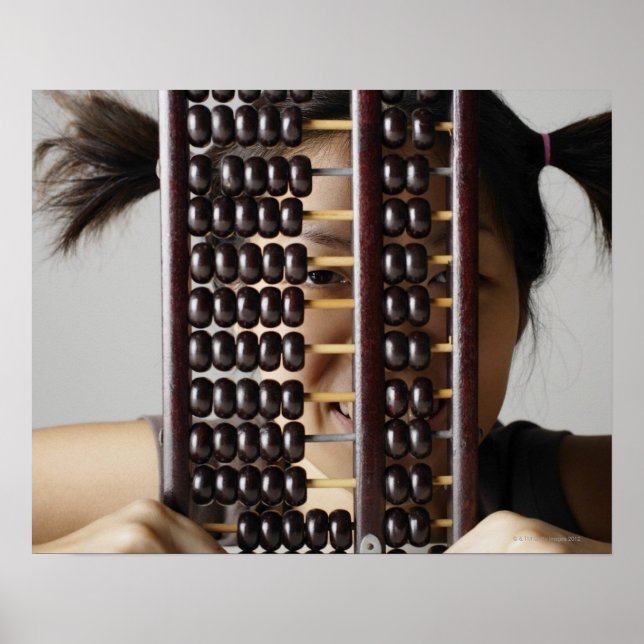 Young woman peering through abacus. poster (Front)
