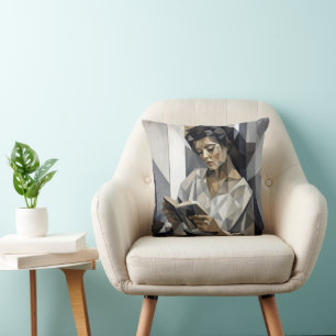 Young Woman Reading a Book Cubist Art Form Cushion