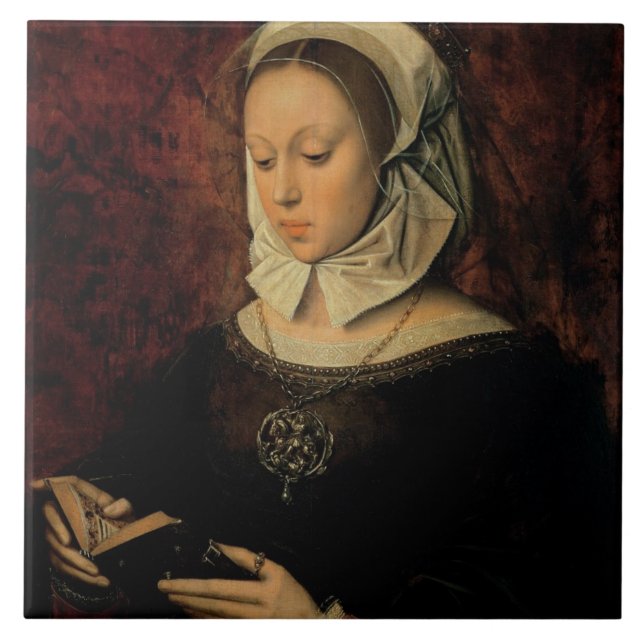Young Woman Reading a Book of Hours (oil on panel) Tile (Front)