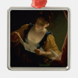 Young Woman Reading a Letter (oil on canvas) Metal Tree Decoration