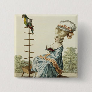 Young woman reading in a day dress with an elabora 15 cm square badge
