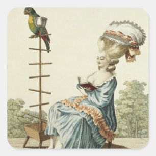 Young woman reading in a day dress with an elabora square sticker