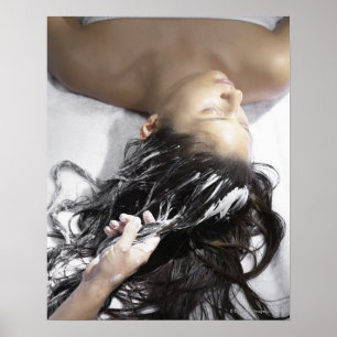 Young woman receiving hair treatment poster