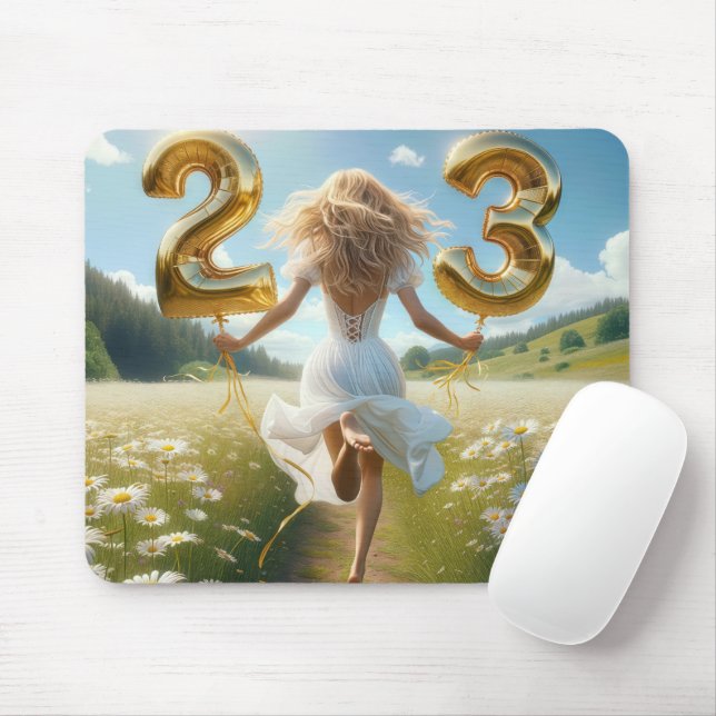 Young Woman Running With Birthday Balloons Mouse Mat (With Mouse)