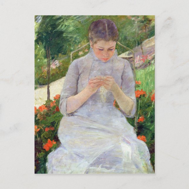 Young Woman Sewing in the garden, c.1880-82 Postcard (Front)