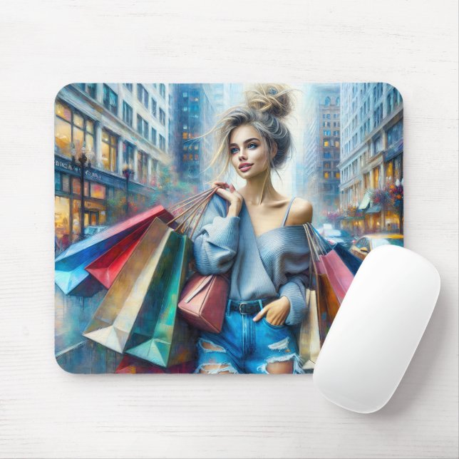 Young Woman Shopping In The Big City Mouse Mat (With Mouse)