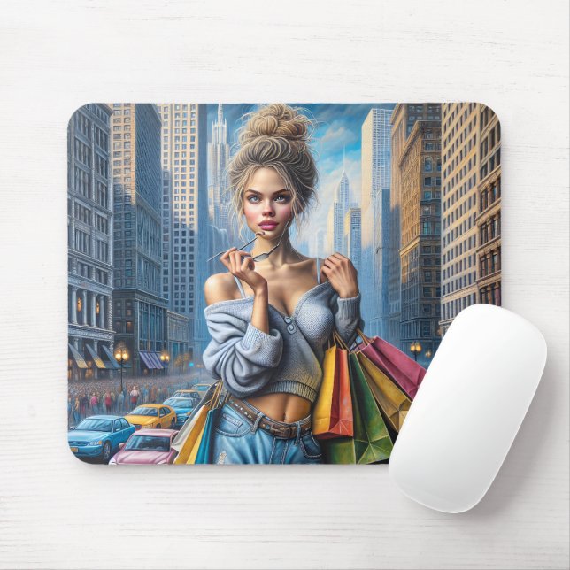 Young Woman Shopping In The Big City Mouse Mat (With Mouse)
